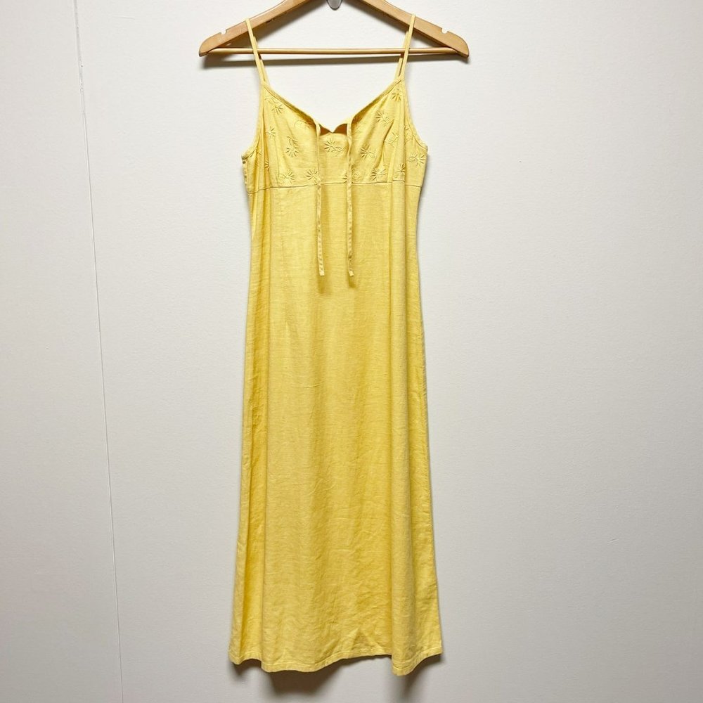 PETITE SOPHISTICATE Y2K Yellow Linen Spaghetti Strap Embroidered Midi Sun Dress